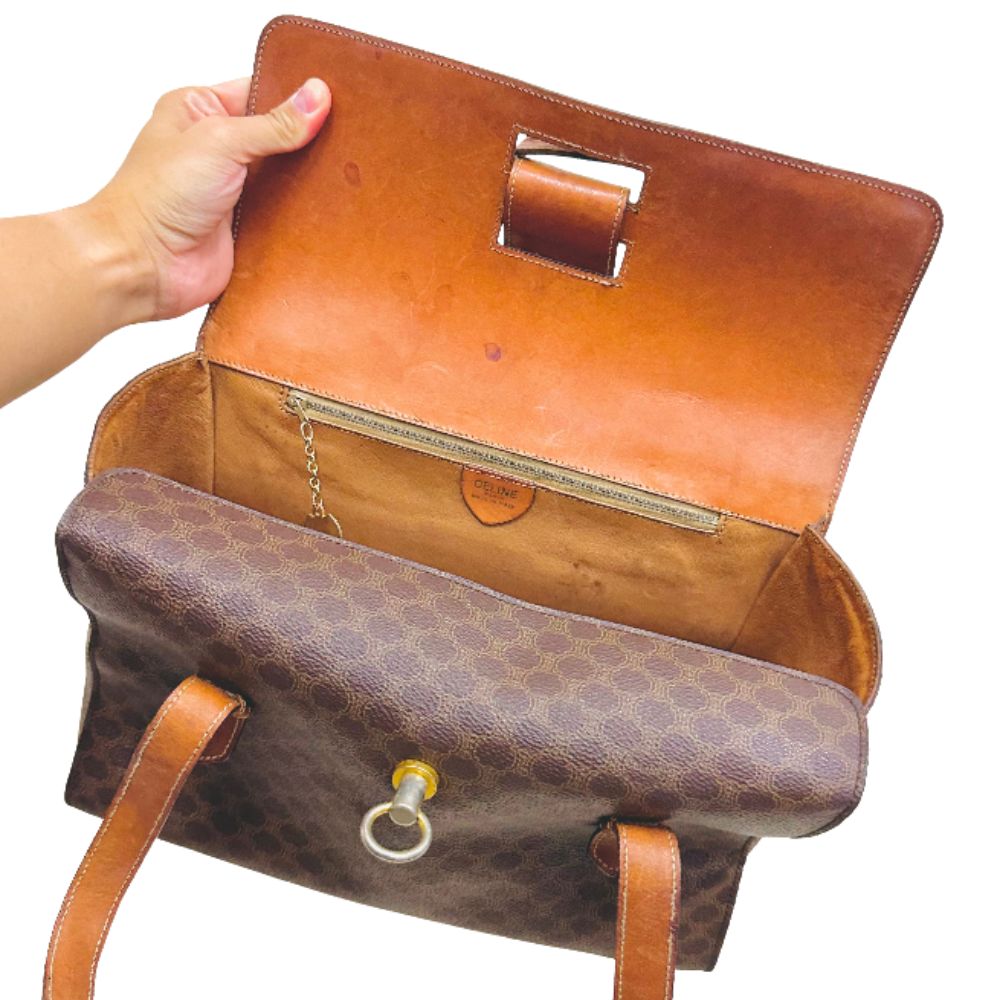 Celine Triomphe Macadam Monogram Logo GHW Turnlock Flap Vintage Shoulder Shopper Tote Bag