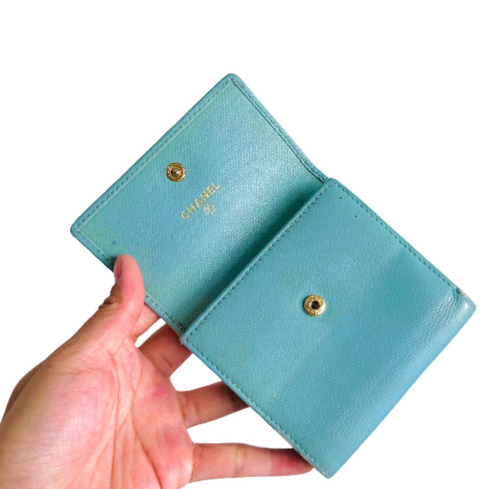Chanel Tiffany Blue GHW CC Logo Grained Calfskin Vintage Compact Trifold Flap Wallet 8s