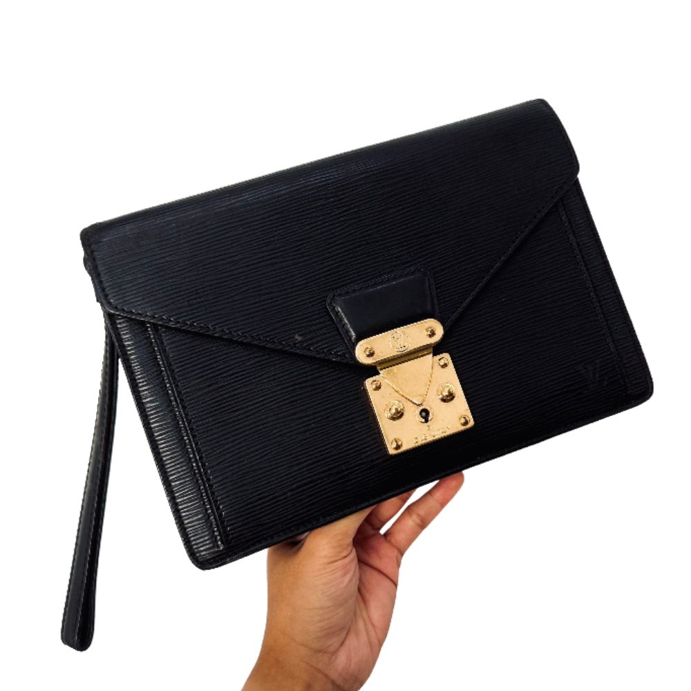 Louis Vuitton LV Black GHW Monogram Logo Epi Leather Dragonne Monceau Flap Wrislet Pouch Clutch Case