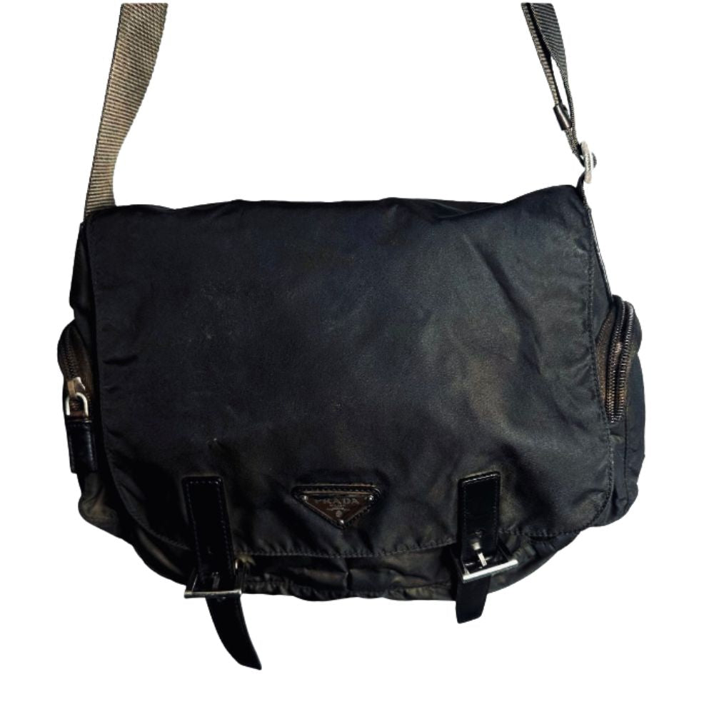 Prada Dark Brown Tessuto Monogram Logo Flap Shoulder Sling Bag