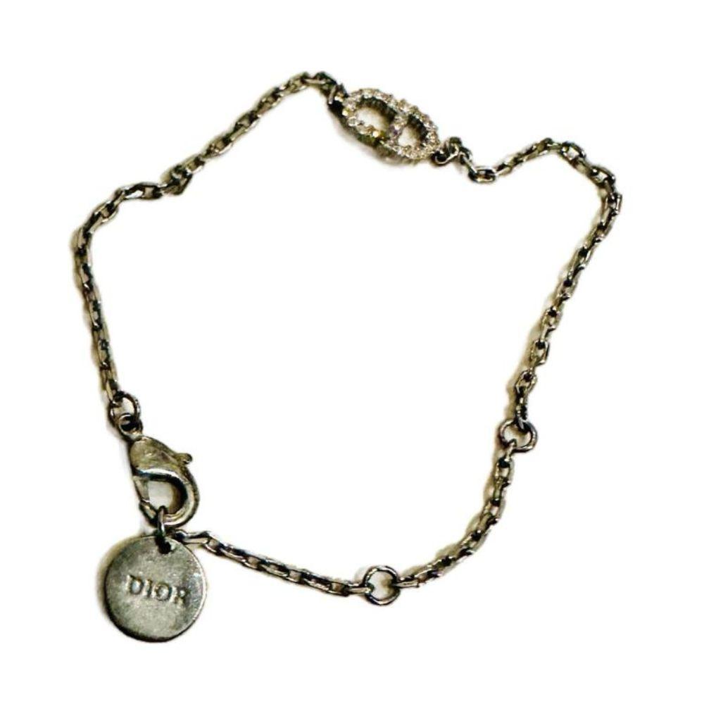 (Up to 19cm) Dior Petit CD Crystals Monogram Silver Chain Bracelet