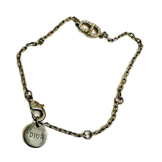 (Up to 19cm) Dior Petit CD Crystals Monogram Silver Chain Bracelet