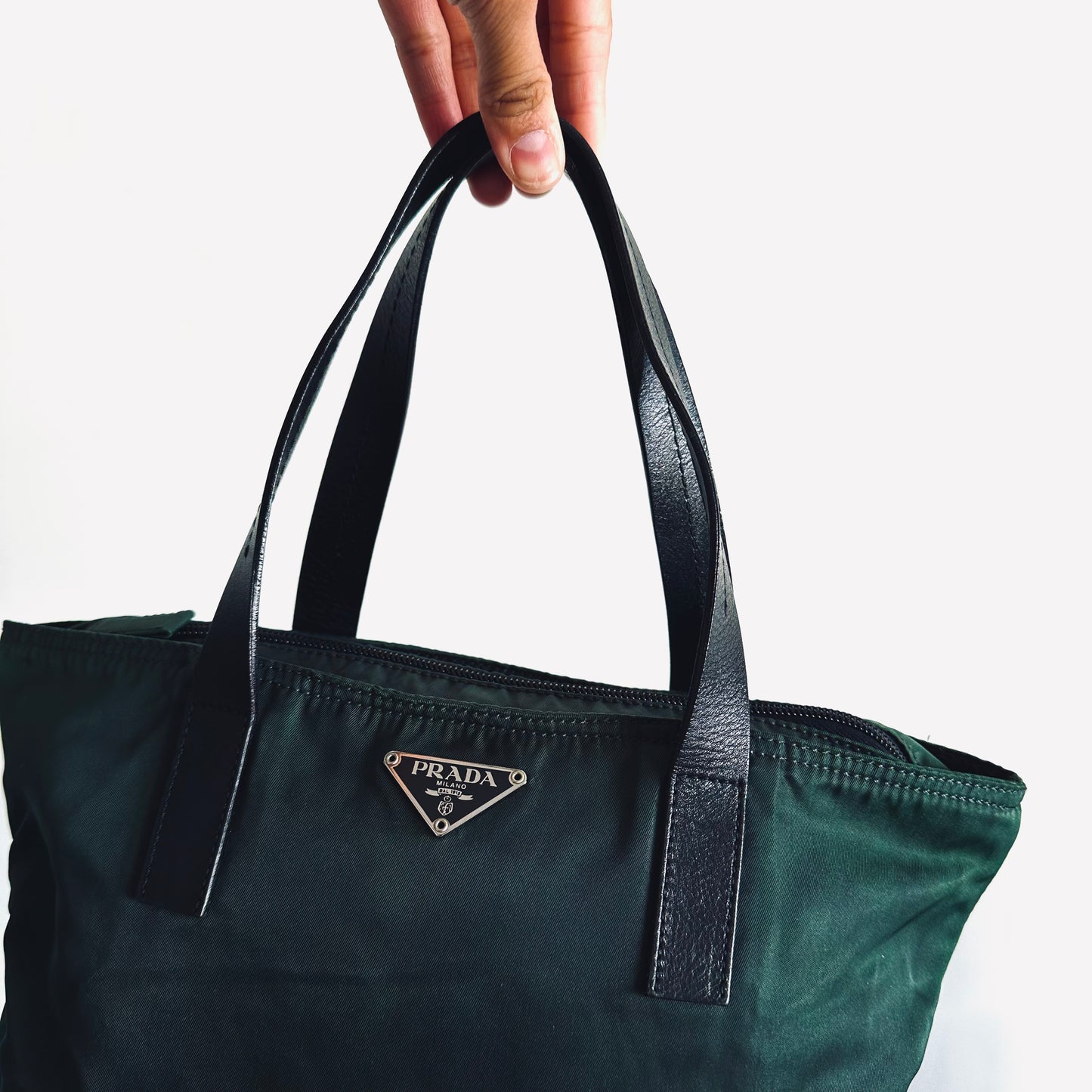 Prada Jade Emerald Green Classic Logo Small Structured Zip Shoulder Tote Bag