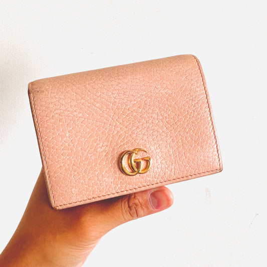 Gucci Marmont Pink GHW GG Monogram Logo Grained Leather Flap Bifold Compact Wallet