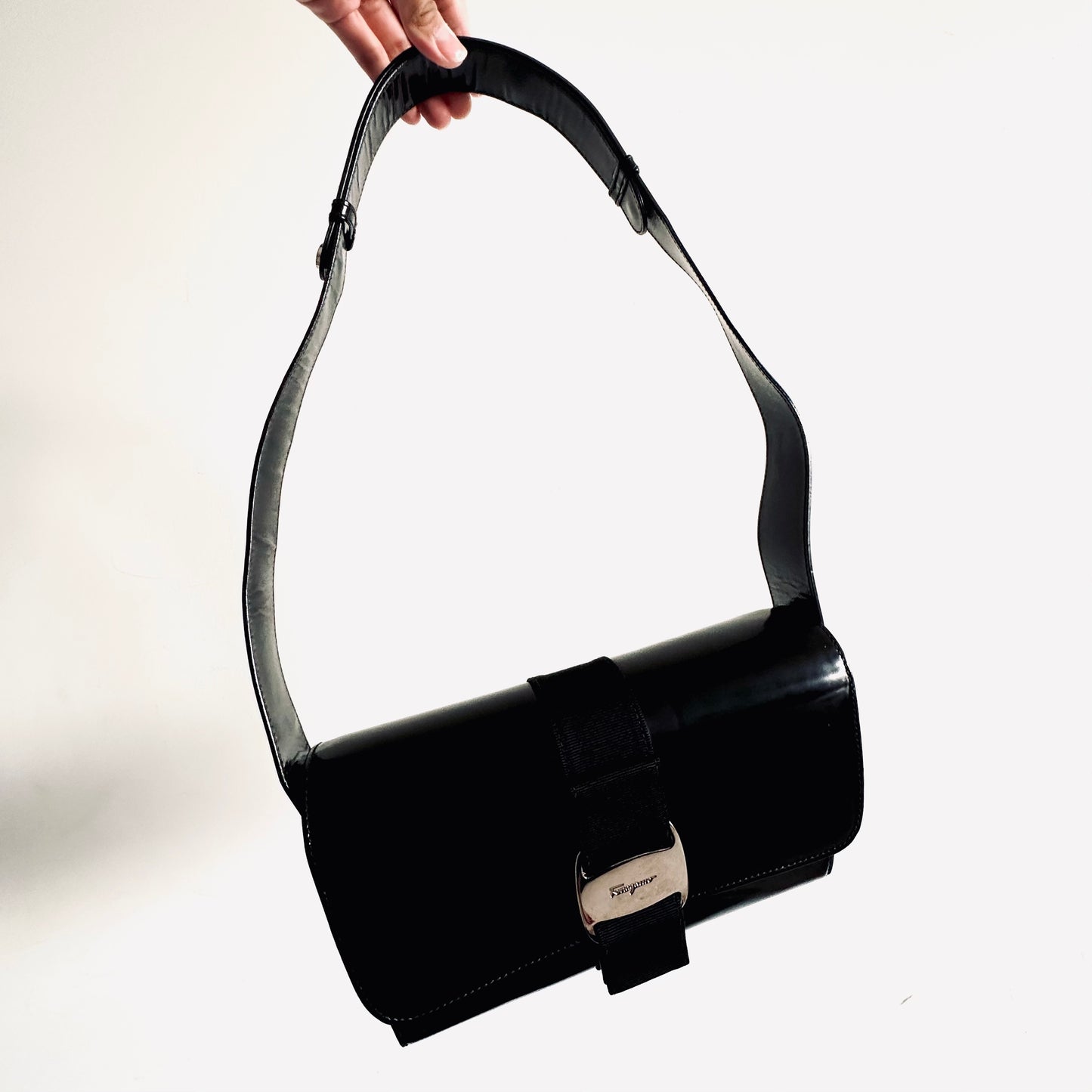 Salvatore Ferragamo Vara Black Bow Patent Leather Flap Hobo Shoulder Sling Bag