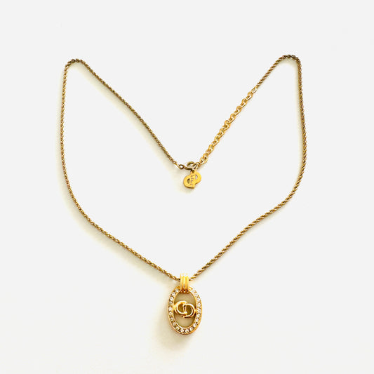 Christian Dior CD Monogram Logo Round Signature Gold & Crystals Classic Adjustable Vintage Necklace