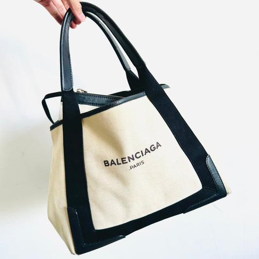 Balenciaga Cabas Black / White Logo Small S Structured Shoulder Tote Bag With Pouch