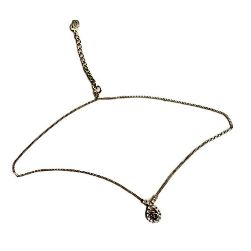 Christian Dior CD Logo Teardrop Pendant Necklace in Gold and Crystals