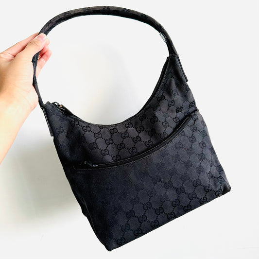 Gucci Black GG Monogram Logo Hobo Baguette Zip Shoulder Bag