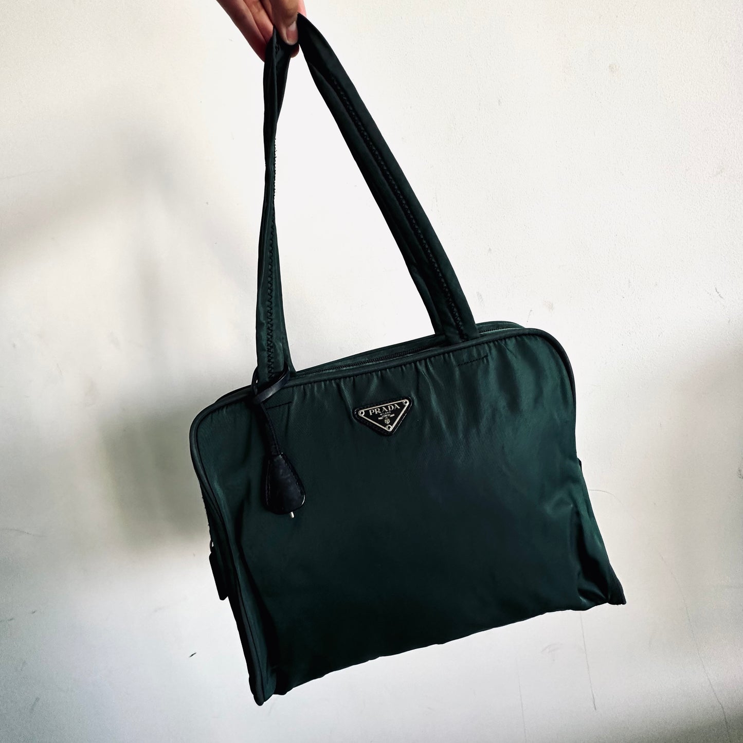 Prada Jade Green Malachite Antracite Tessuto Sport Classic Logo Nylon Structured Boston Bowling Tote Bag