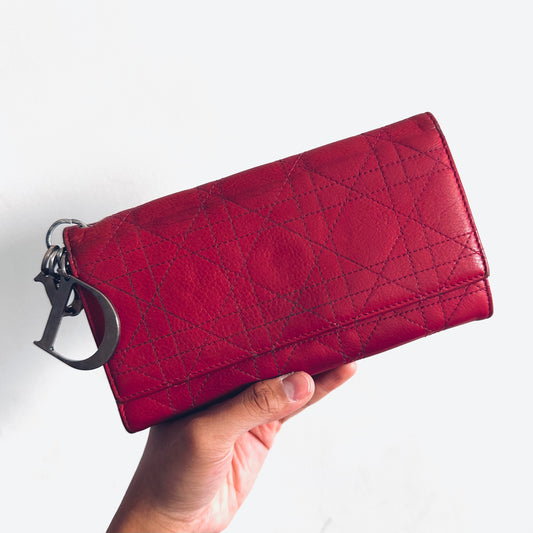 Christian Dior CD Deep Red Lady Dior Cannage Quilted Calfskin Logo Monogram Flap Long Bifold Wallet