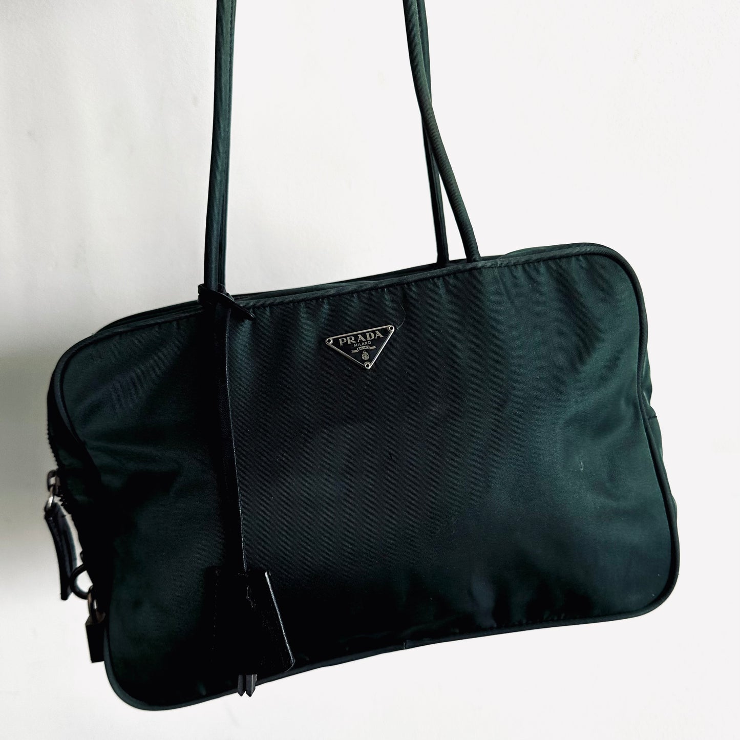 Prada Dark Sage Green Tessuto Classic Logo Nylon Boston Bowling Shoulder Tote Bag