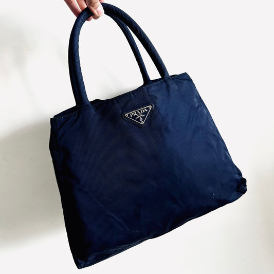 Prada Navy Blue Tessuto Classic Logo Shopper Nylon Shoulder Tote Bag