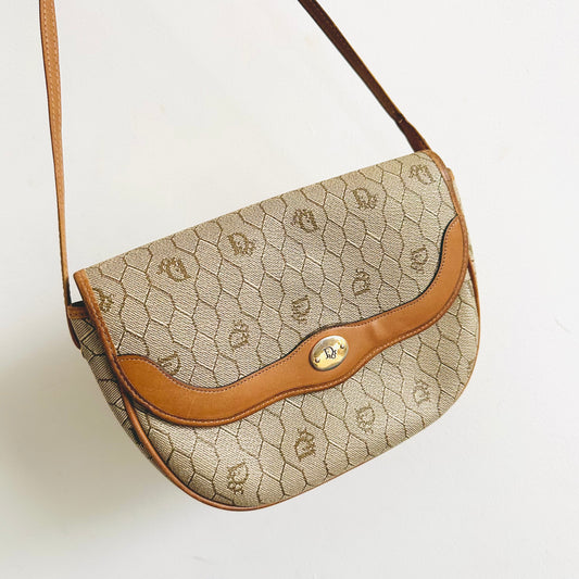 Christian Dior CD Beige Honeycomb Oblique Monogram GHW Logo Vintage Flap Shoulder Sling Bag