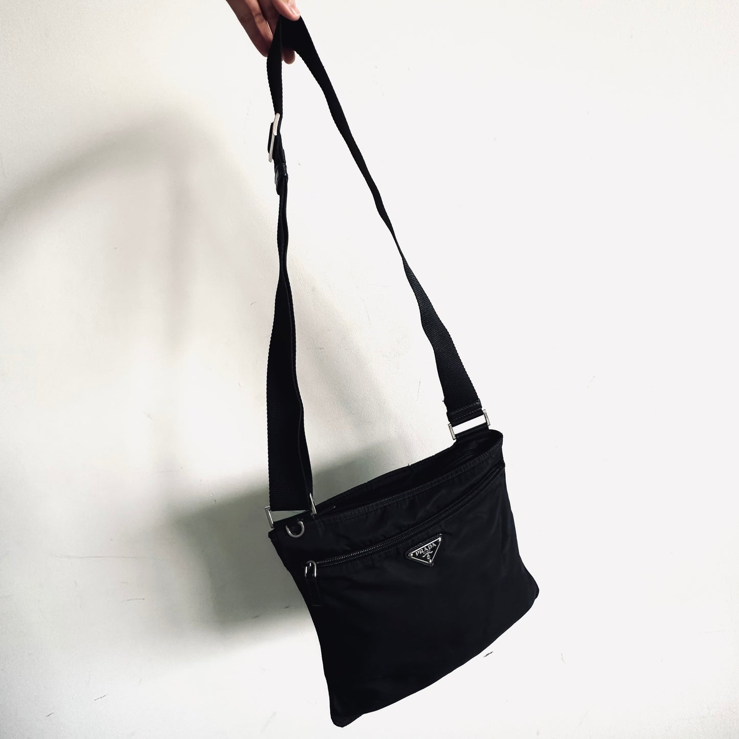 Prada Black Tessuto Logo Classic Nylon Utility Zip Shoulder Sling Bag