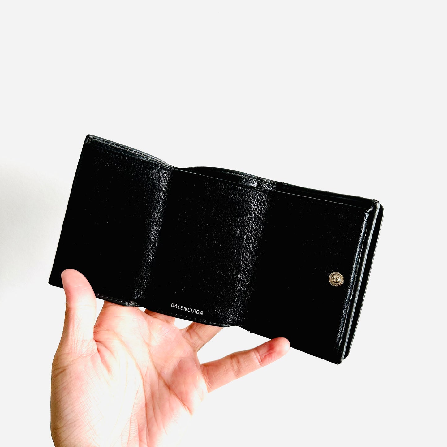 Balenciaga Black Leather Classic Motif Monogram Logo Flap Trifold Compact Wallet