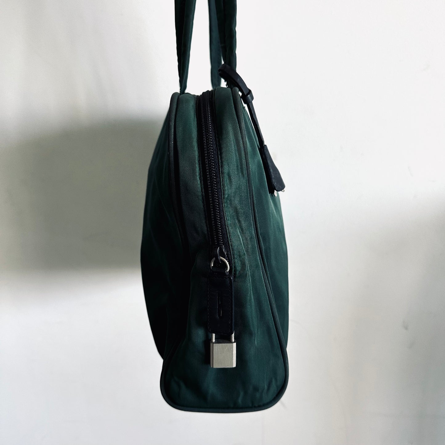Prada Jade Green Malachite Antracite Tessuto Sport Classic Logo Nylon Structured Boston Bowling Tote Bag