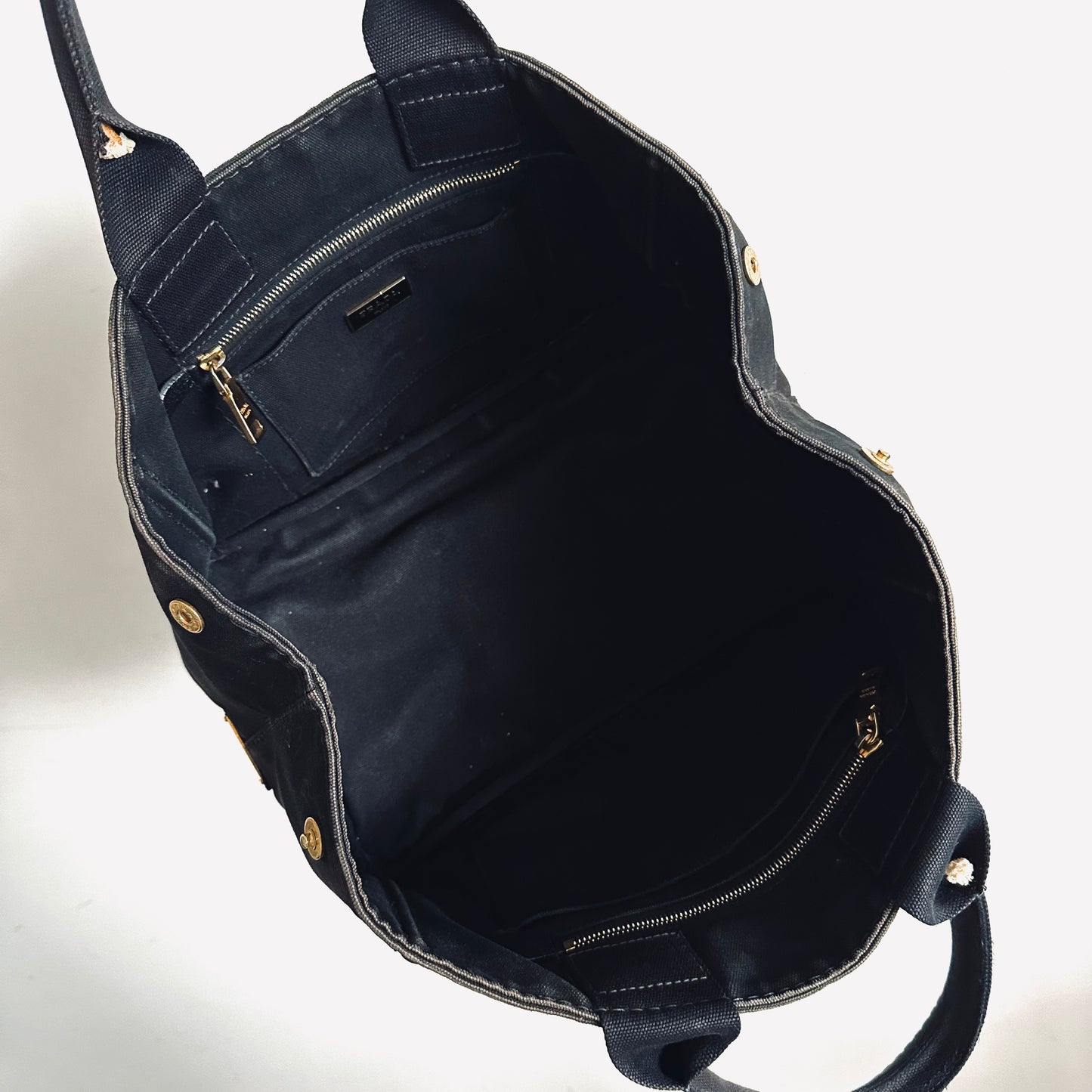 Prada Black / Dark Brown GHW Canapa Classic Logo Structured Shopper Tote Bag