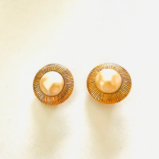 Chanel Classic Large Round 24K Gold and Pearls Clip On Vintage Earrings