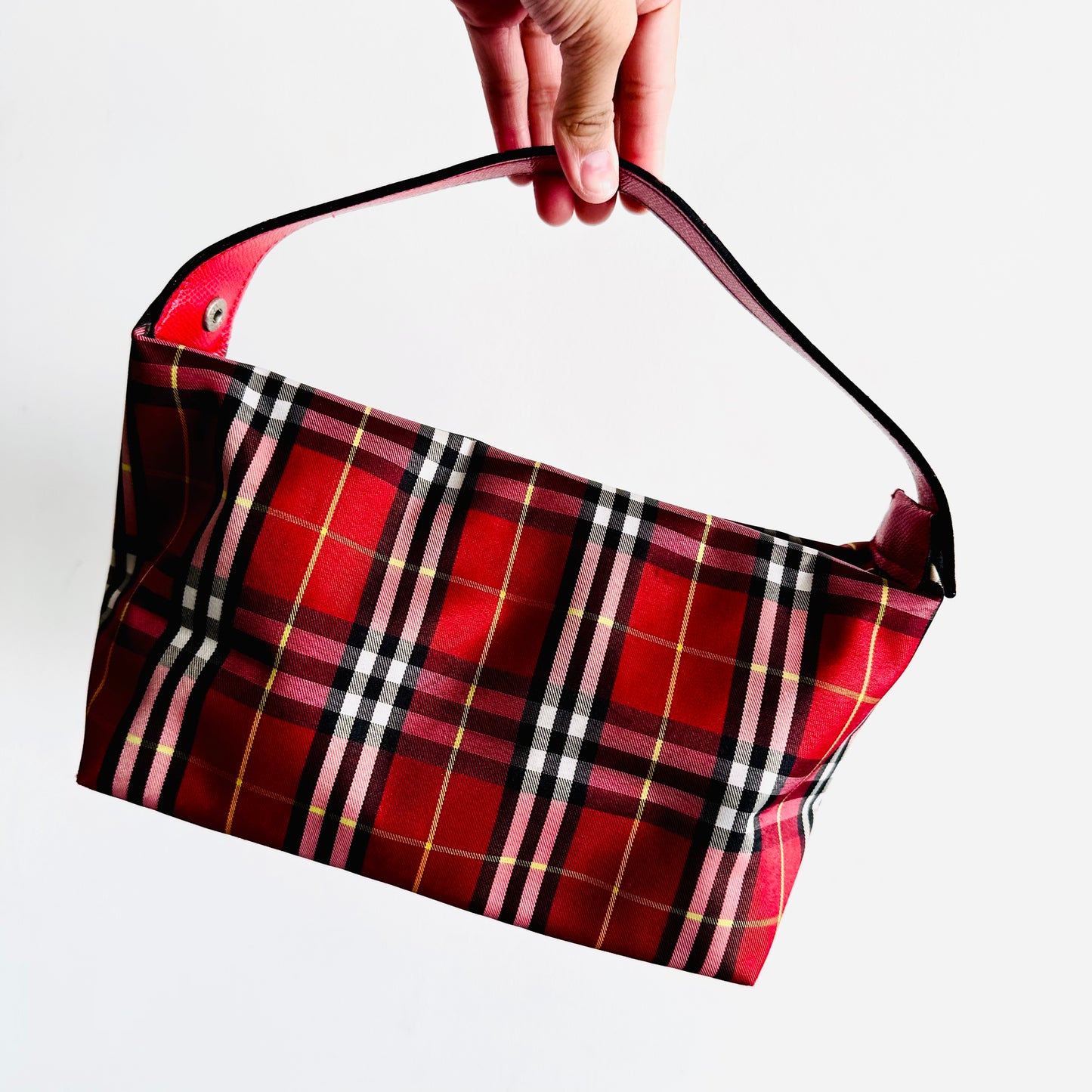 Burberry Deep Red Classic Check Nova Haymarket Checkered Baguette Hobo Shoulder Bag Wrislet Pouch Clutch