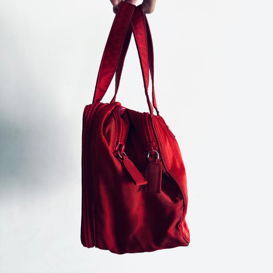 Prada Scarlet Red Tessuto Classic Logo Nylon Structured Boston Bowling Shoulder Tote Bag