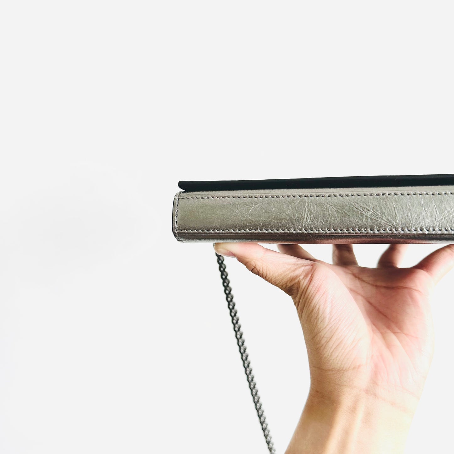 YSL Yves Saint Laurent Kate Monogram Logo Metallic Silver Crinkled Leather RHW Flap WOC Chain Wallet Shoulder Sling Bag
