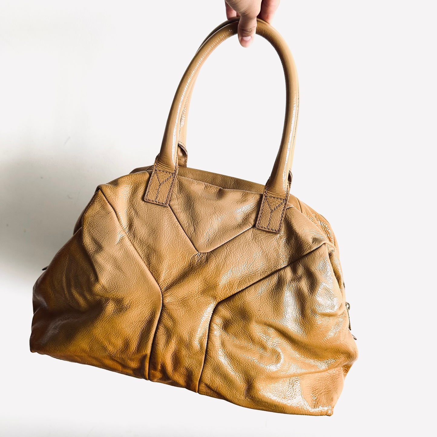 YSL Yves Saint Laurent Taupe Mustard Sac Easy Y Logo Cabas Patent Leather Boston Bowling Speedy Shoulder Tote Bag