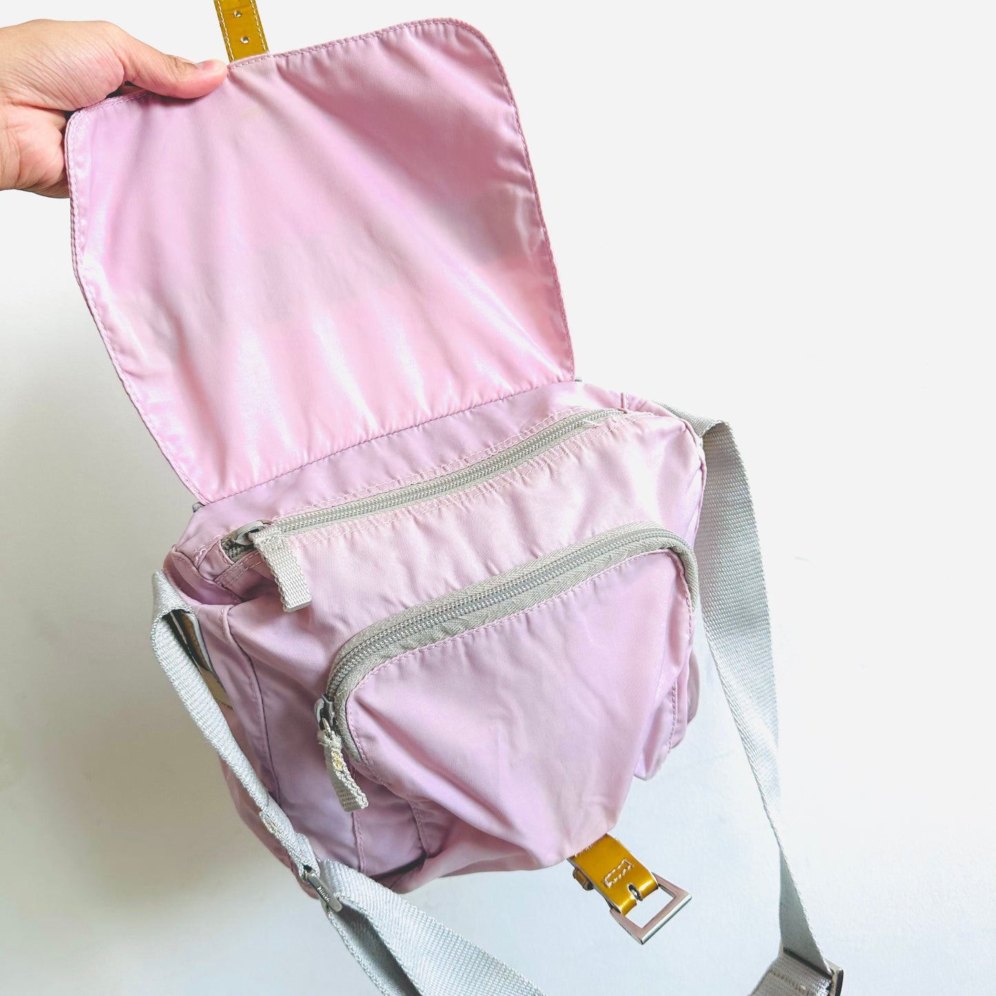 Prada Lilac Mauve Pink Tessuto Logo Classic Nylon & Leather Flap Shoulder Sling Bag