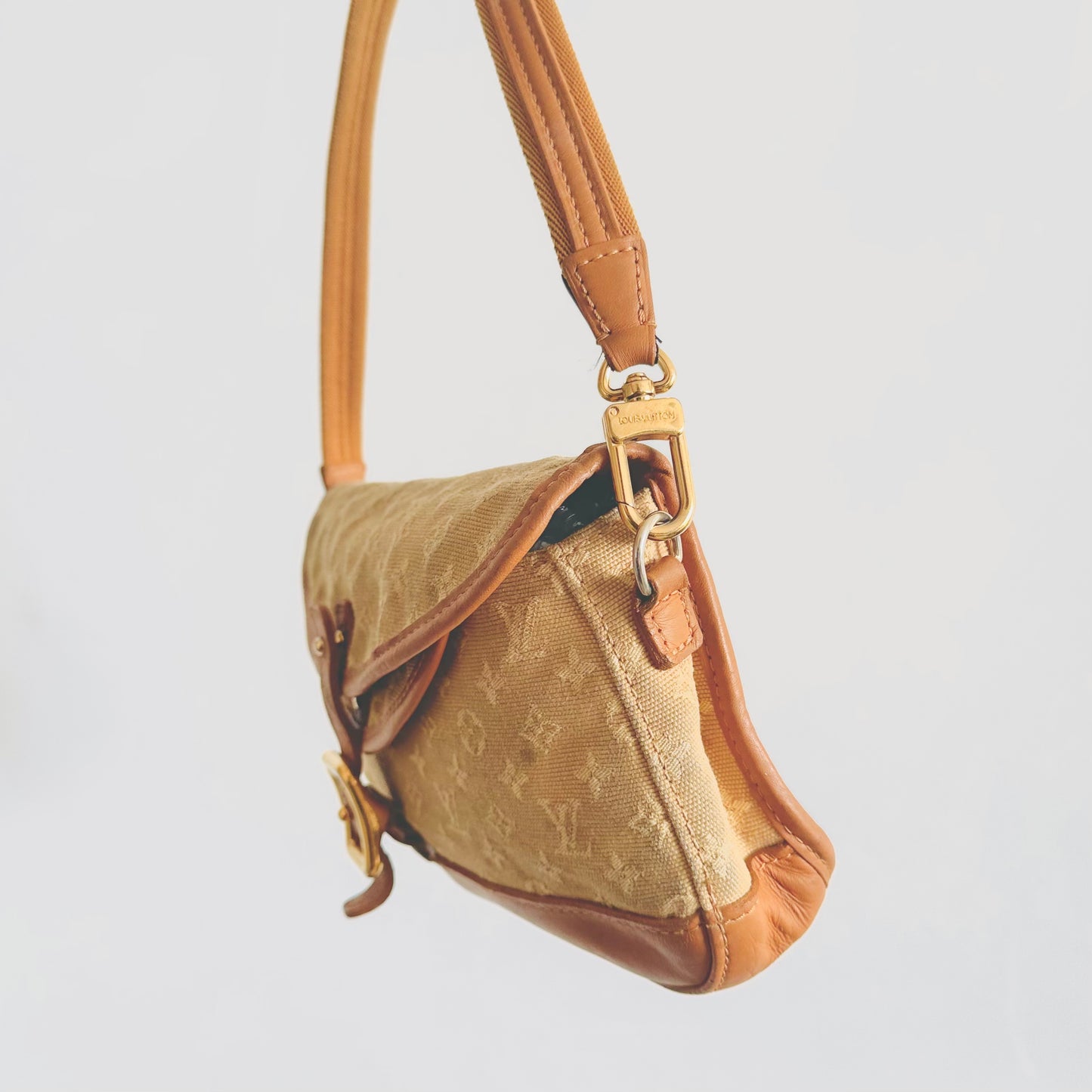 Louis Vuitton LV Mini Lin Marjorie Caramel Brown Beige GHW Monogram Logo Flap Baguette Hobo Shoulder Bag