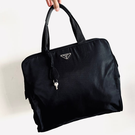 Prada Black Diligenza Tessuto Classic Logo Boston Bowling Zip Around Tote Bag