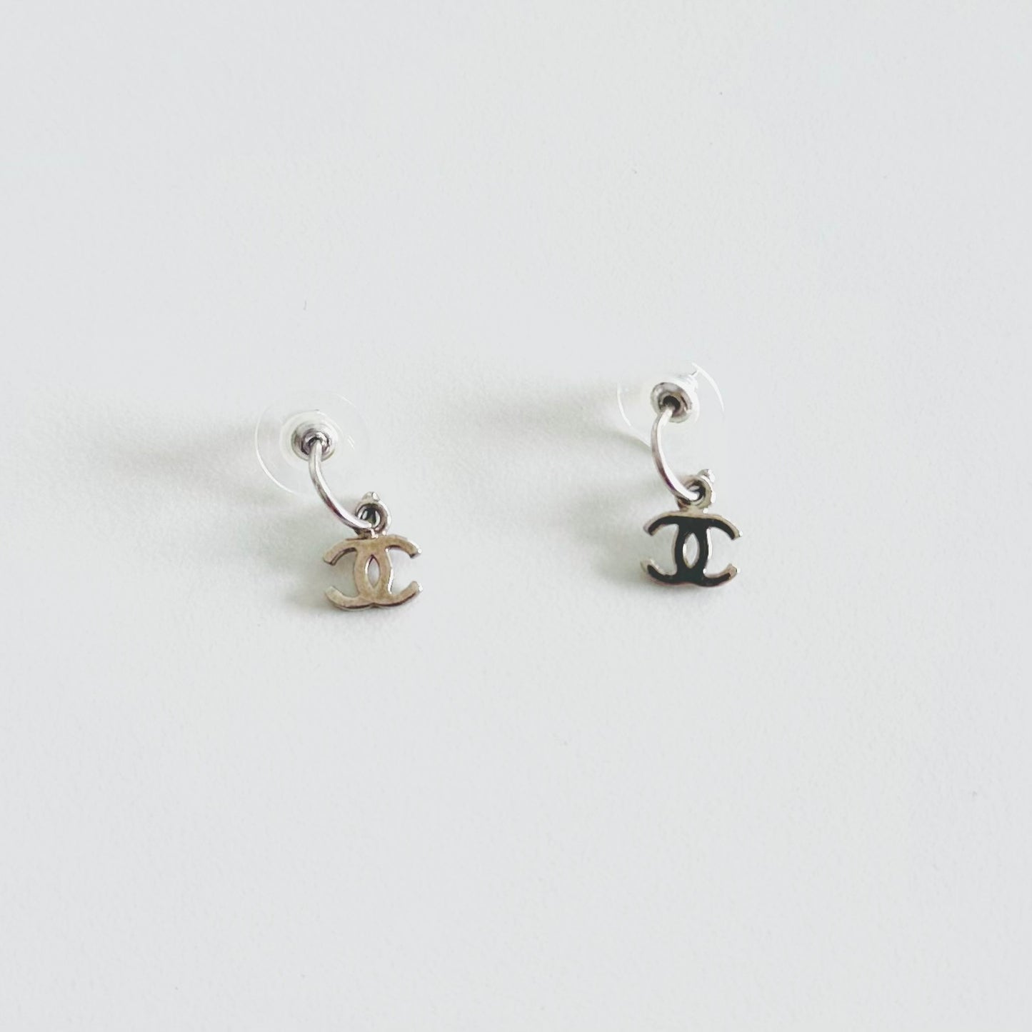 Chanel Classic CC Logo Silver Dangling Stud Vintage Earrings