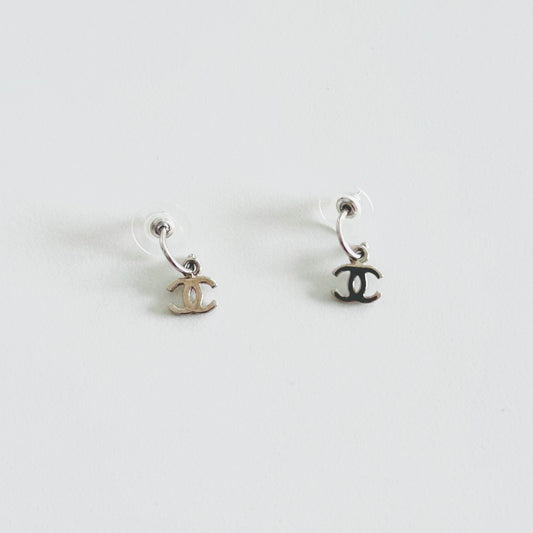 Chanel Classic CC Logo Silver Dangling Stud Vintage Earrings