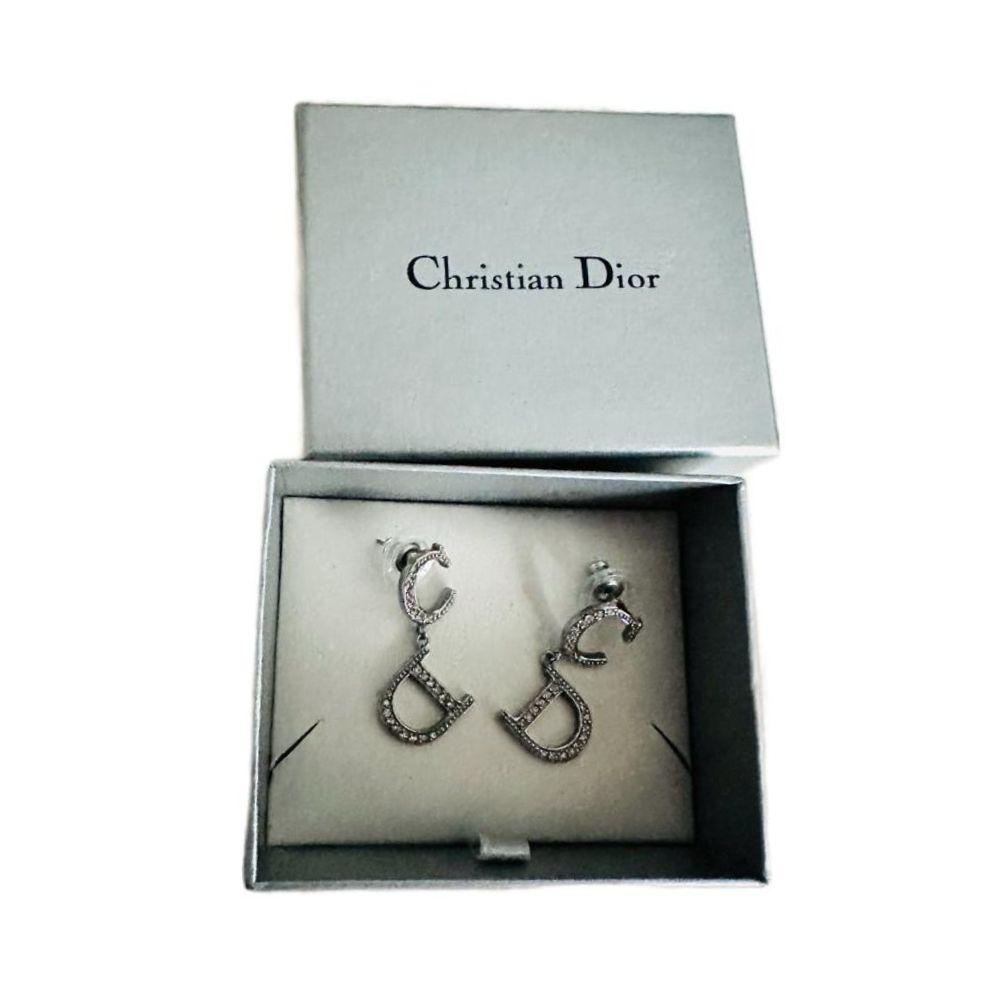 Dior Silver & Crystals Logo Dangling Stud Earrings