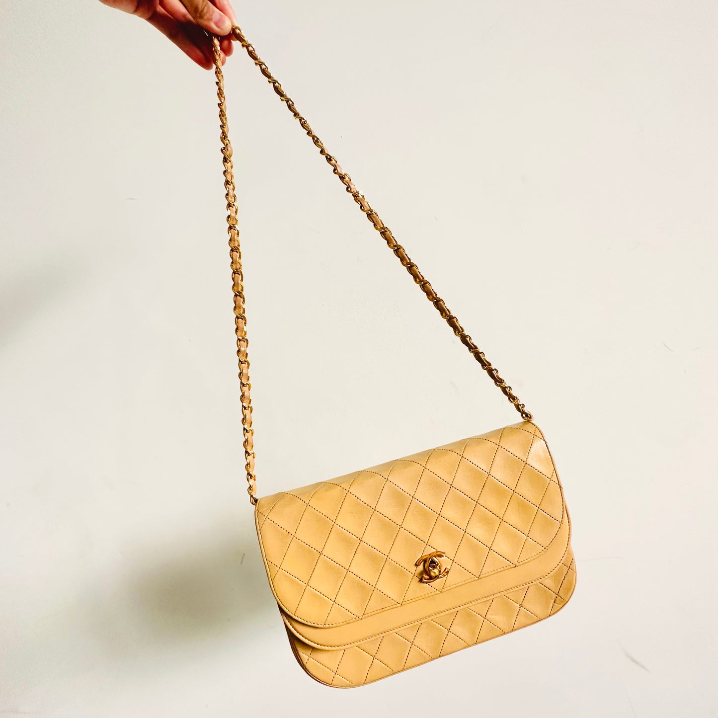 Chanel Beige GHW Classic CC Logo Double Flap DF Quilted Lambskin Turnlock Vintage Shoulder Sling Bag