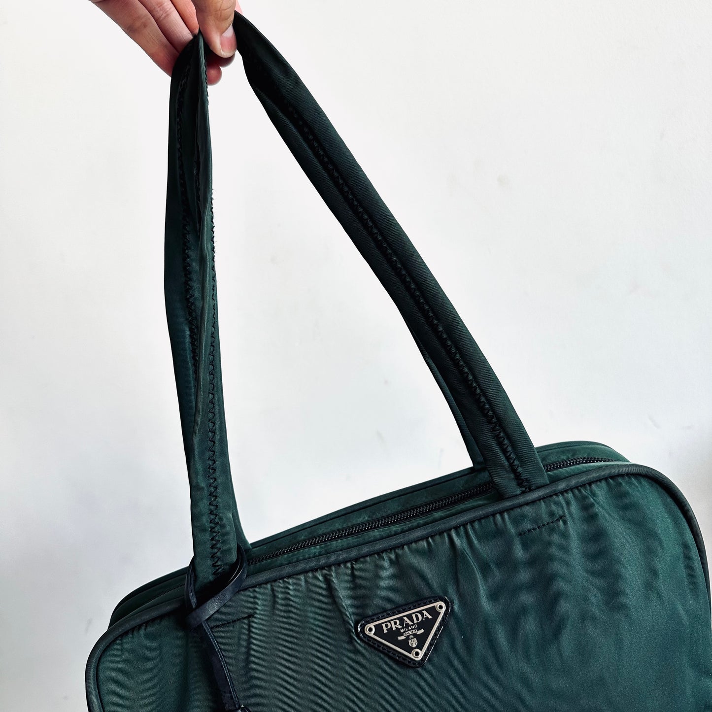 Prada Jade Green Malachite Antracite Tessuto Sport Classic Logo Nylon Structured Boston Bowling Tote Bag