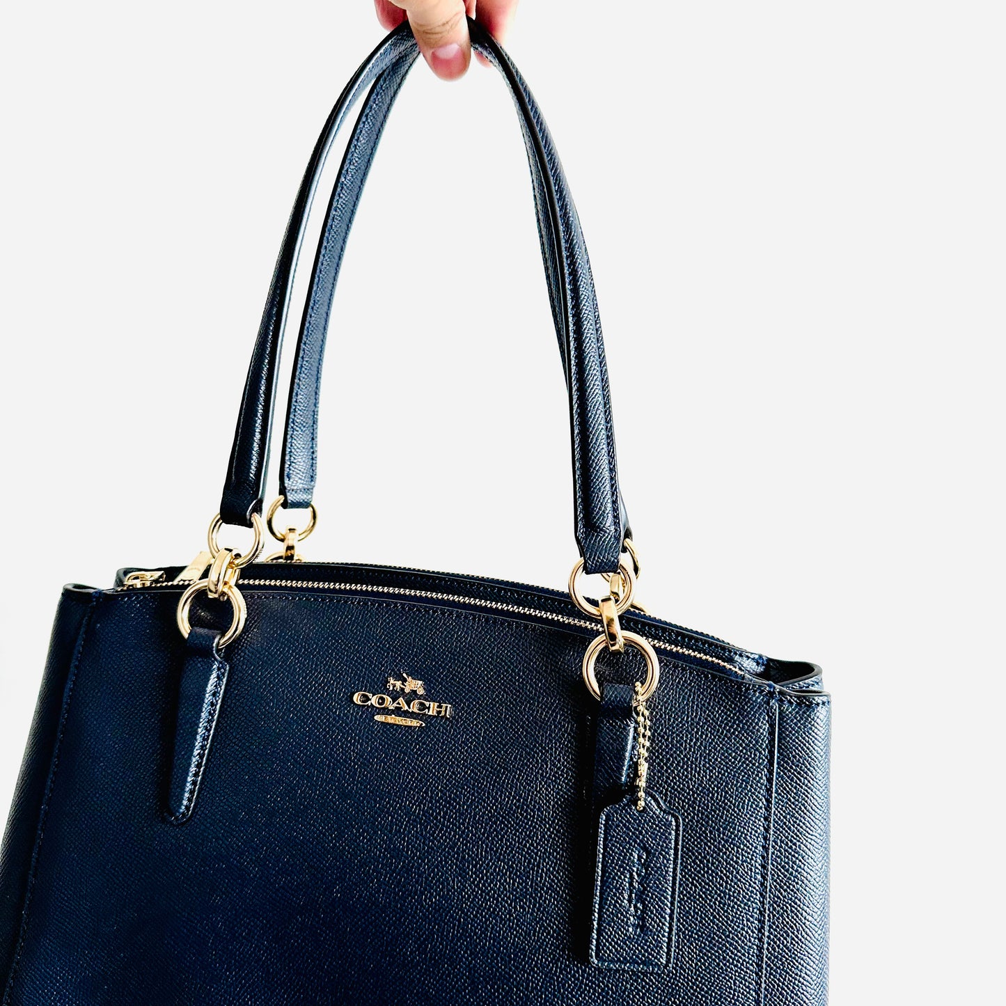 Coach Christie Navy Blue GHW Satchel Carryall 2-Way Top Handle Shoulder Sling Crossgrain Leather Tote Bag