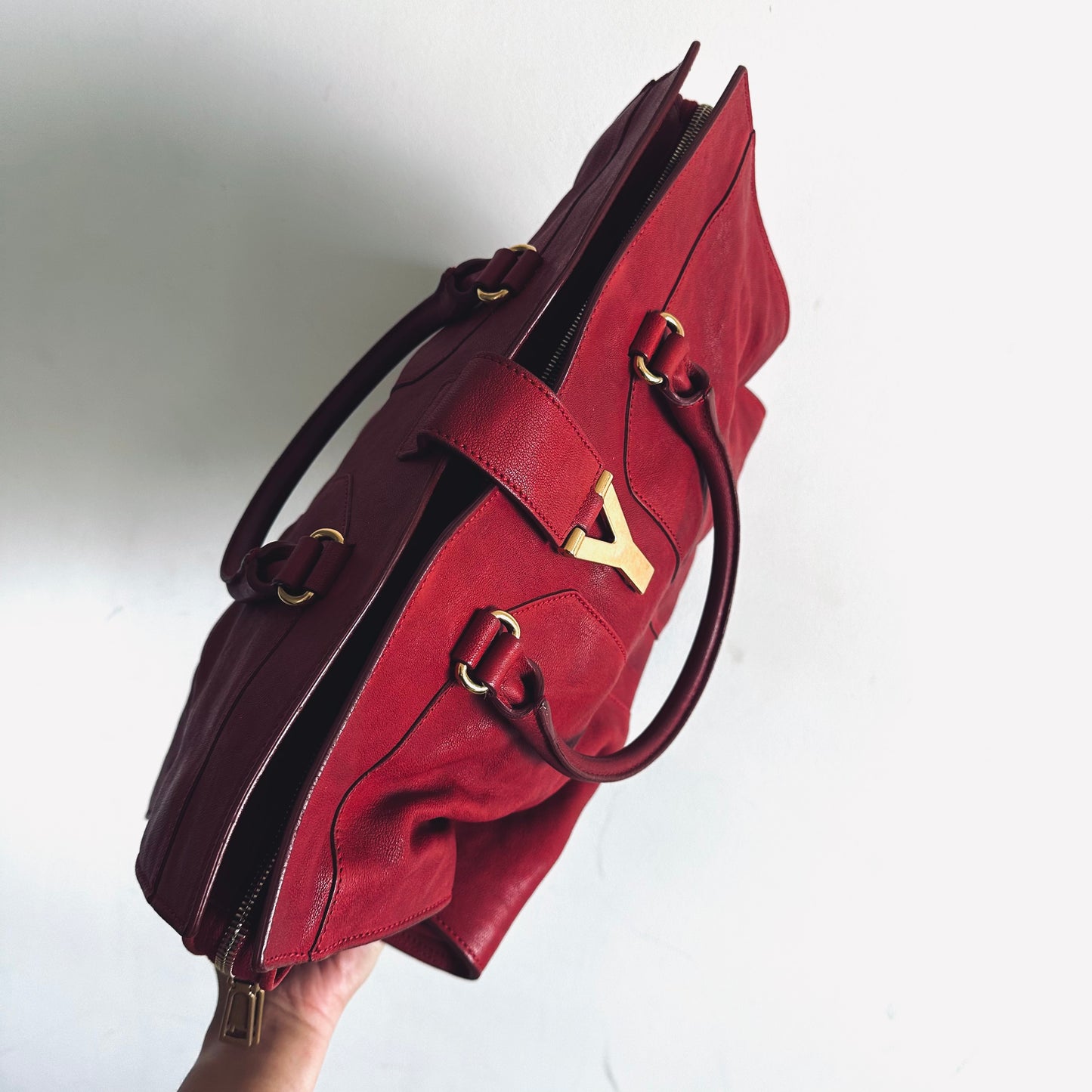 YSL Yves Saint Laurent Deep Red Rouge GHW Logo Cabas Chyc Top Handle Boston Speedy Shoulder Tote Bag