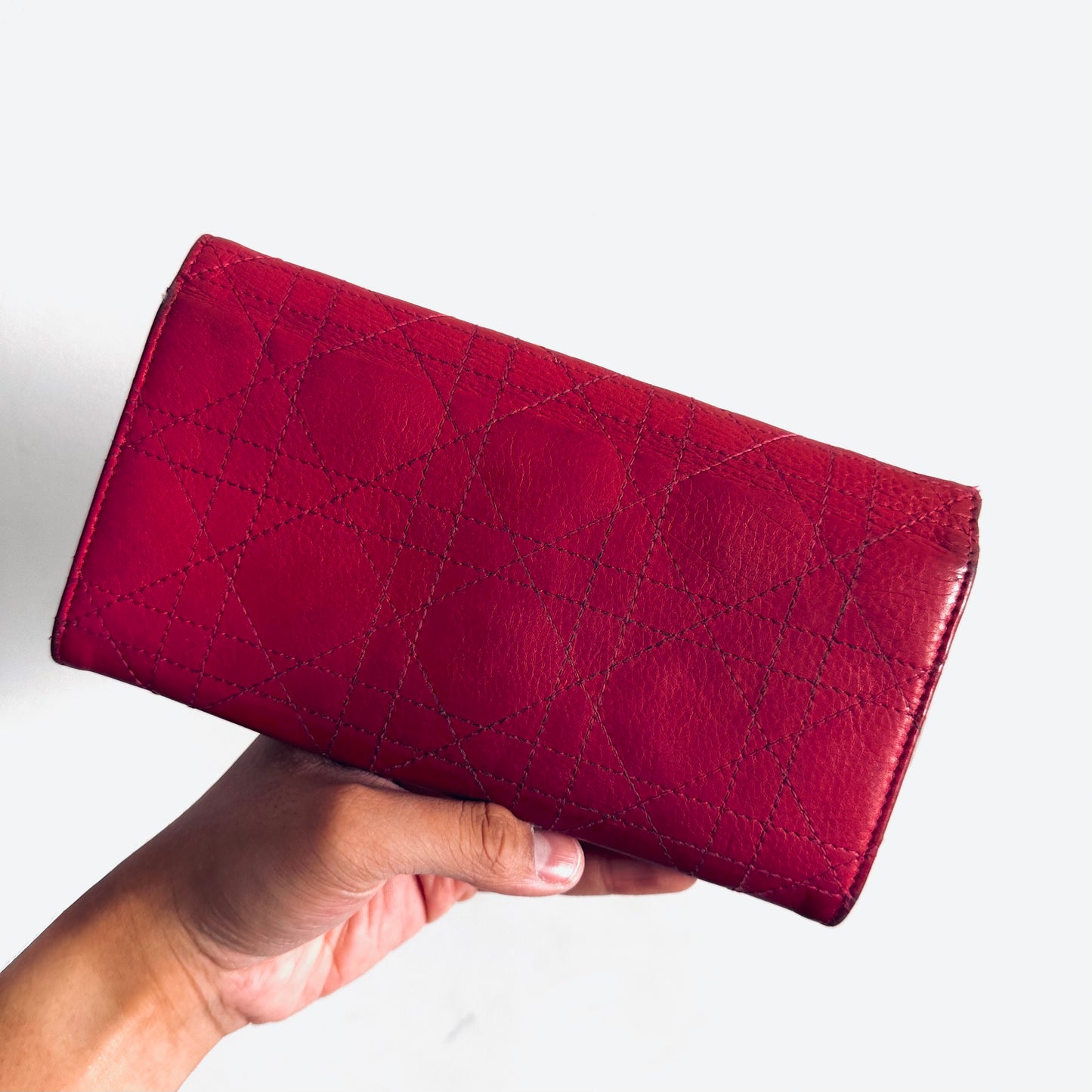 Christian Dior CD Deep Red Lady Dior Cannage Quilted Calfskin Logo Monogram Flap Long Bifold Wallet