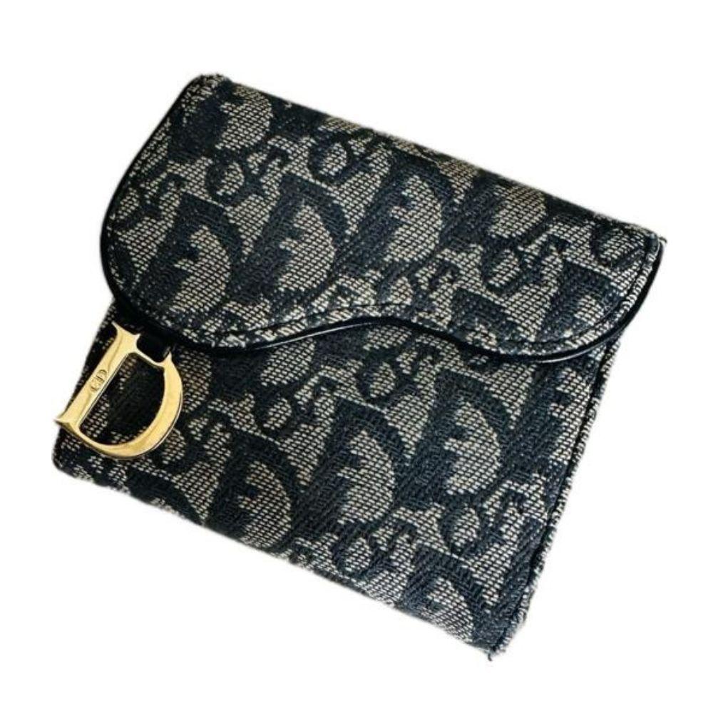 Dior Navy Blue Saddle Leather Flap Compact Wallet