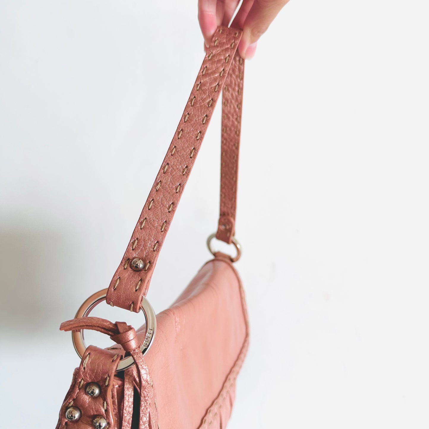 Fendi Selleria Borsa Bois De Rose Blush Pink Leather Monogram Logo Baguette Hobo Mamma Shoulder Flap Bag
