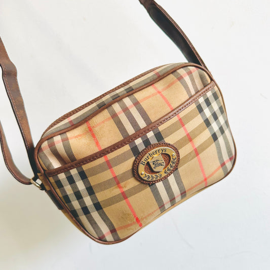 Burberry Classic Check Nova Haymarket Checkered Brown Logo Camera Shoulder Sling Bag