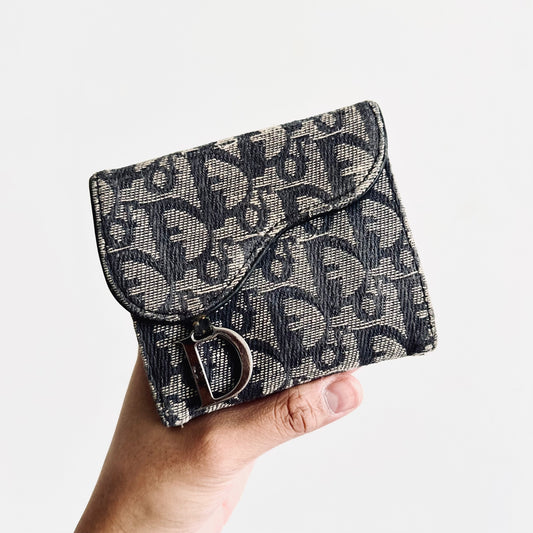 Christian Dior CD Dark Grey Saddle Lotus Oblique Monogram Logo Flap Bifold Compact Wallet