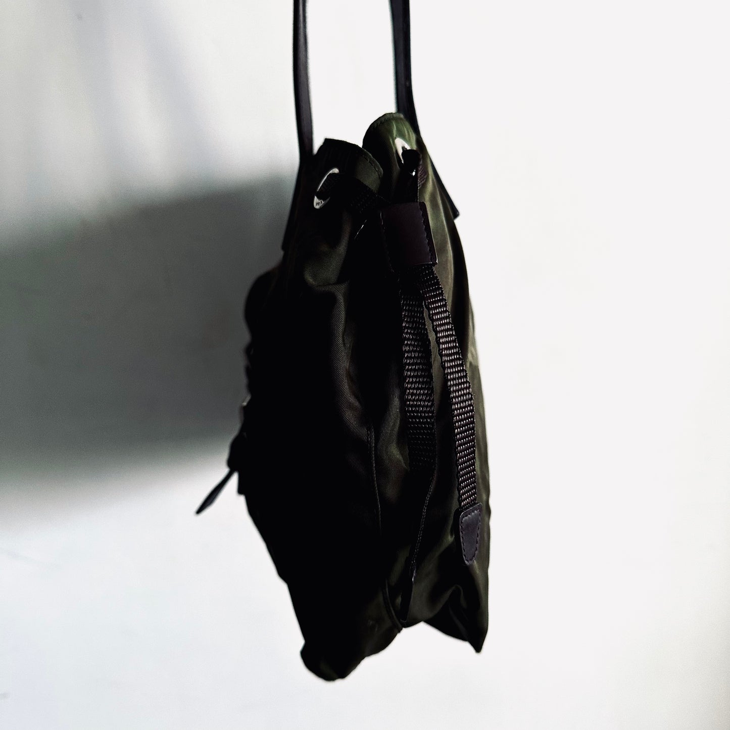 Prada Tessuto Dark Khaki Green Classic Logo Nylon & Leather Utility Shoulder Tote Bag