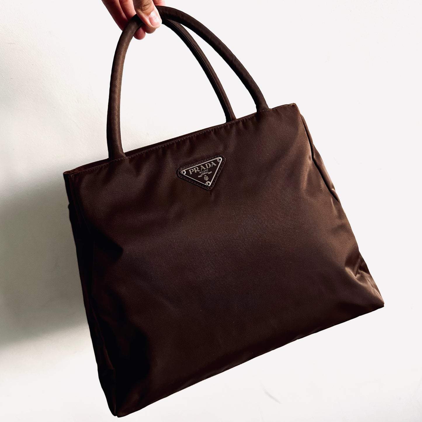 Prada Dark Brown Tessuto City Classic Logo Nylon Structured Shoulder Tote Bag