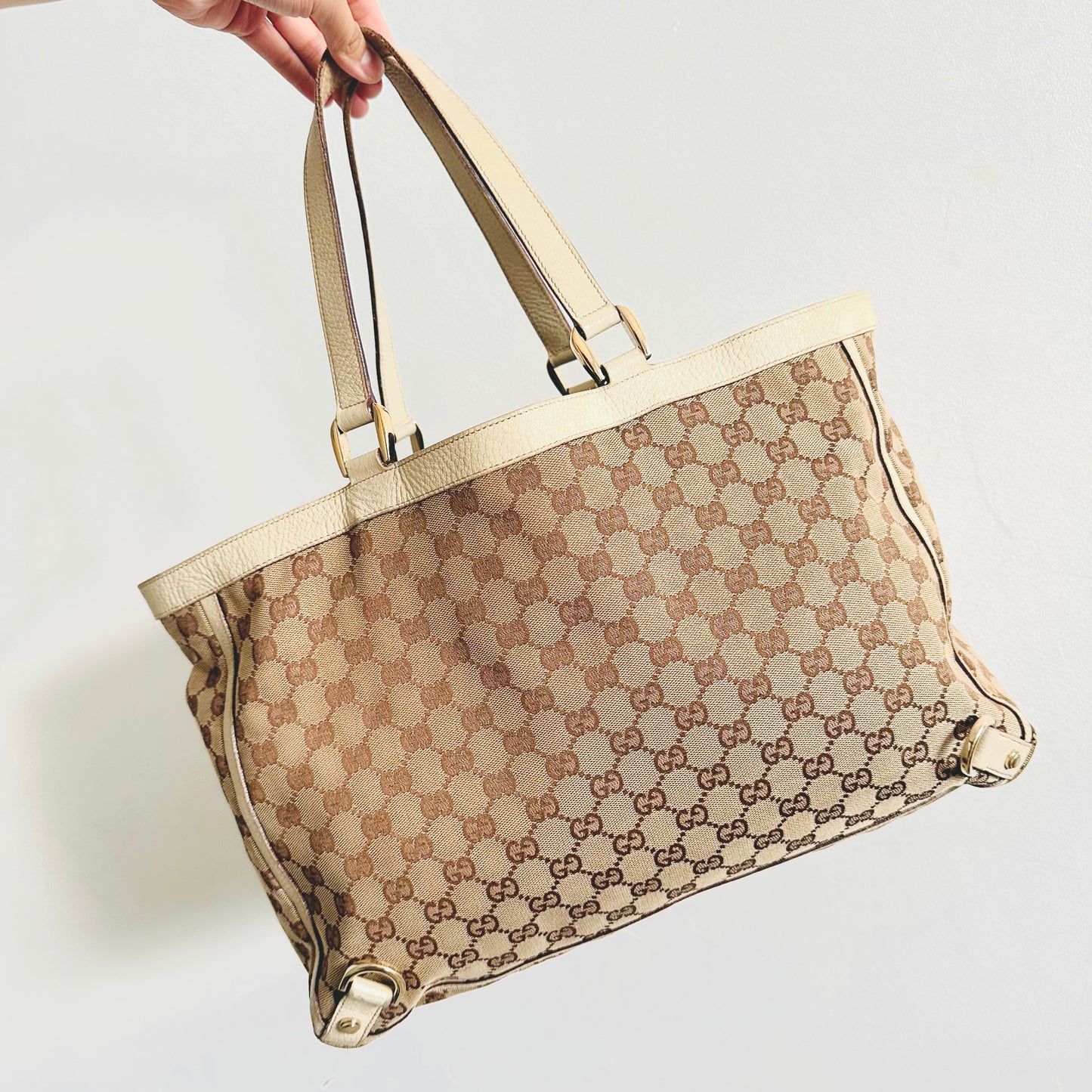Gucci Abbey Beige / White GHW GG Monogram Logo Shopper Tote Bag