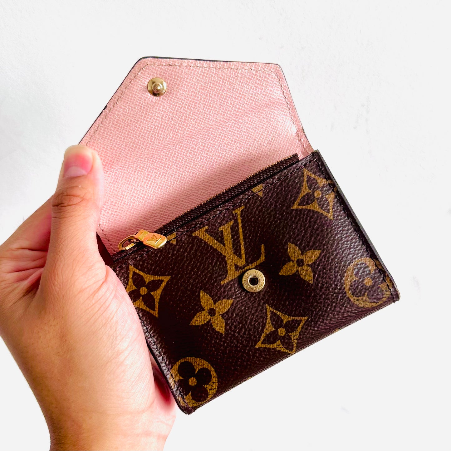 Louis Vuitton LV Zoe Monogram Logo & Rose Ballerine Leather GHW Classic Logo Flap Compact Trifold Wallet