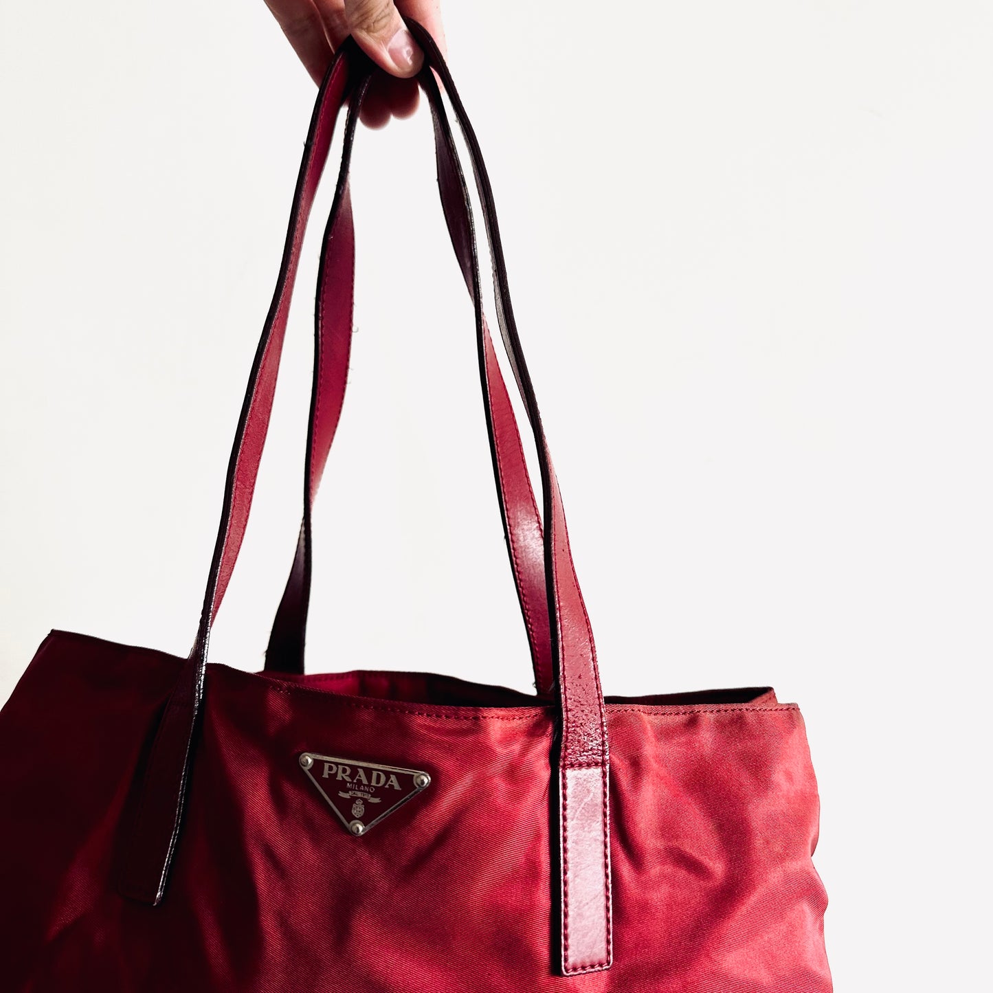 Prada Deep Maroon Red Logo Nylon & Leather Classic Wide Shopper Shoulder Tote Bag