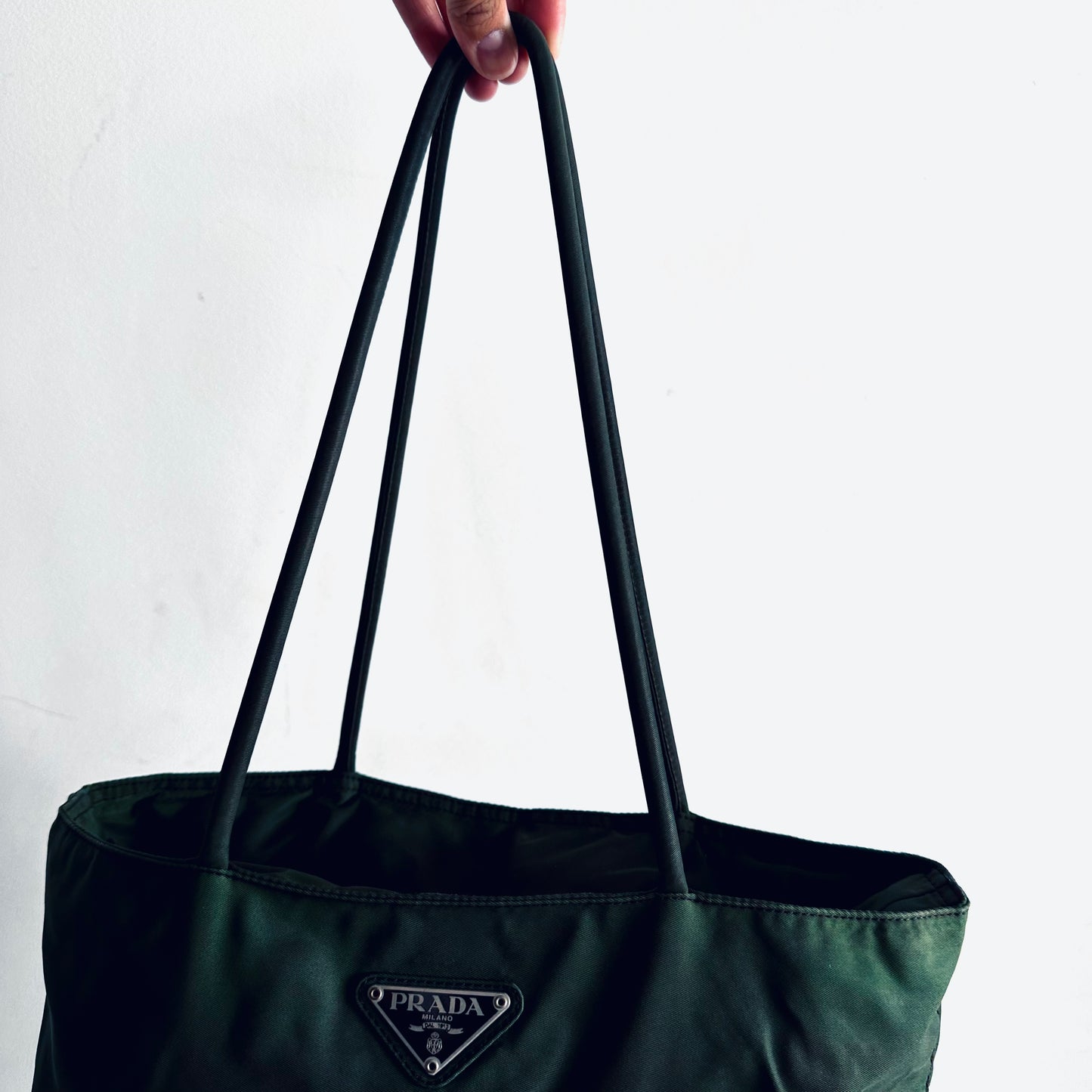 Prada Jade Green Malachite Tessuto Classic Logo Nylon Structured Zip Shoulder Tote Bag