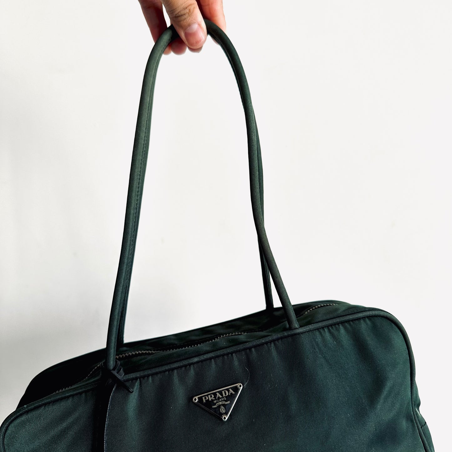 Prada Dark Sage Green Tessuto Classic Logo Nylon Boston Bowling Shoulder Tote Bag