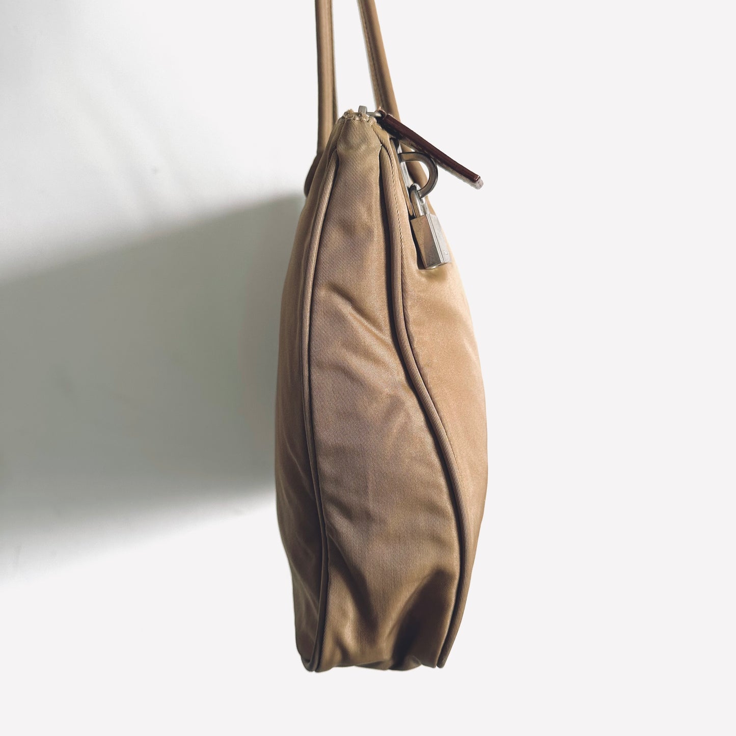 Prada Khaki Beige Tessuto Sport Classic Logo Nylon Shoulder Zip Tote Bag